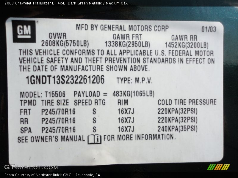 Dark Green Metallic / Medium Oak 2003 Chevrolet TrailBlazer LT 4x4