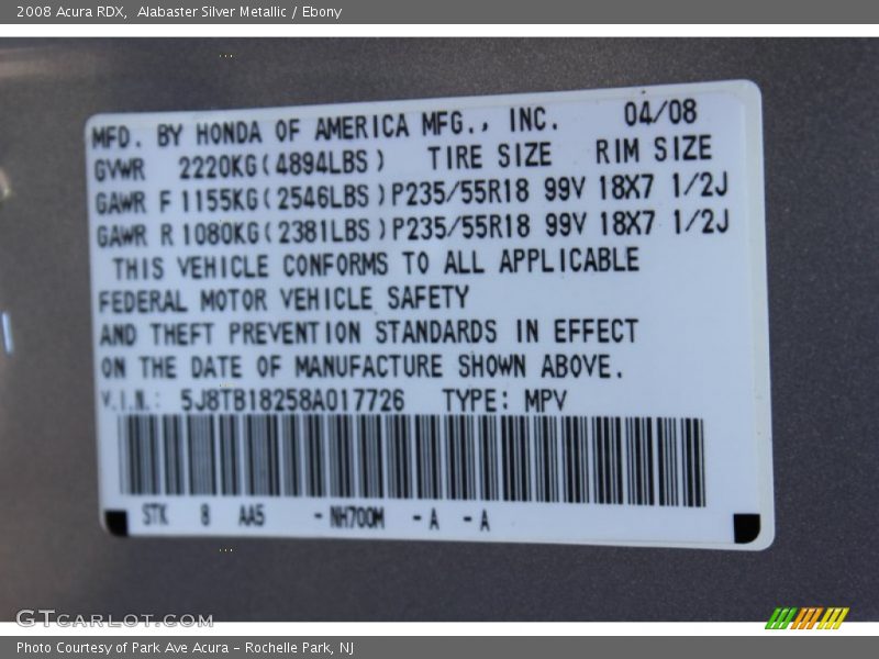 2008 RDX  Alabaster Silver Metallic Color Code NH700M
