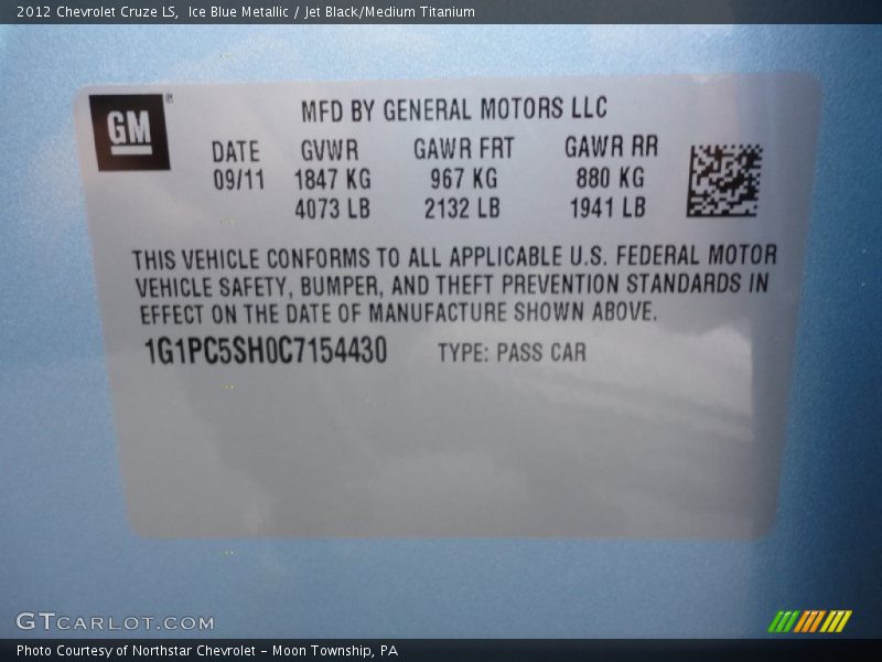 Ice Blue Metallic / Jet Black/Medium Titanium 2012 Chevrolet Cruze LS