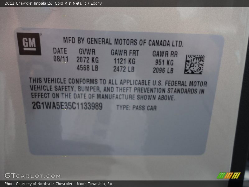 Gold Mist Metallic / Ebony 2012 Chevrolet Impala LS
