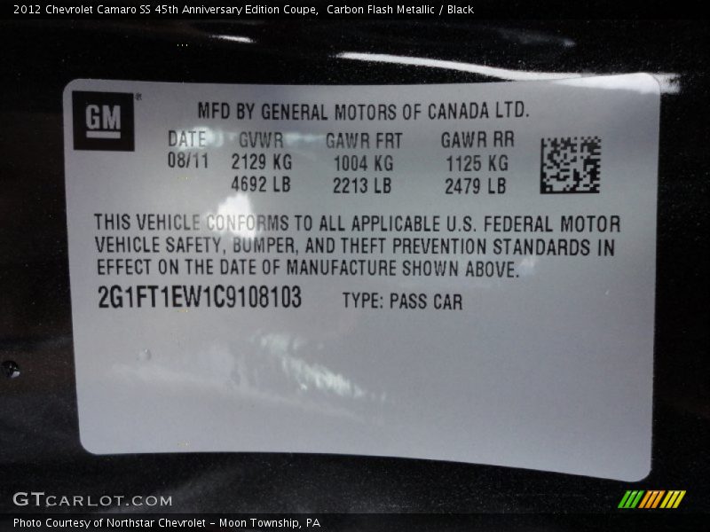 Carbon Flash Metallic / Black 2012 Chevrolet Camaro SS 45th Anniversary Edition Coupe