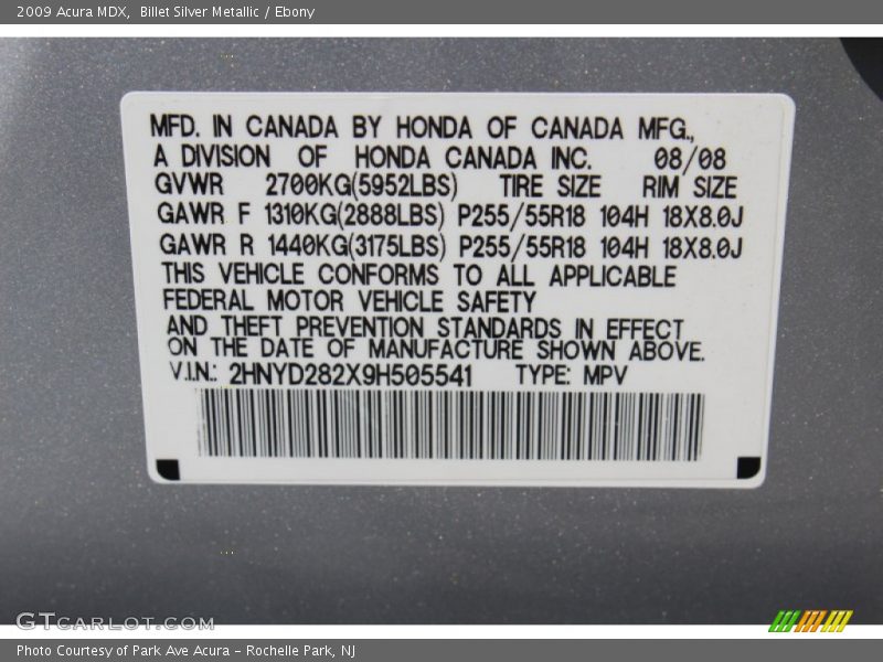 Billet Silver Metallic / Ebony 2009 Acura MDX