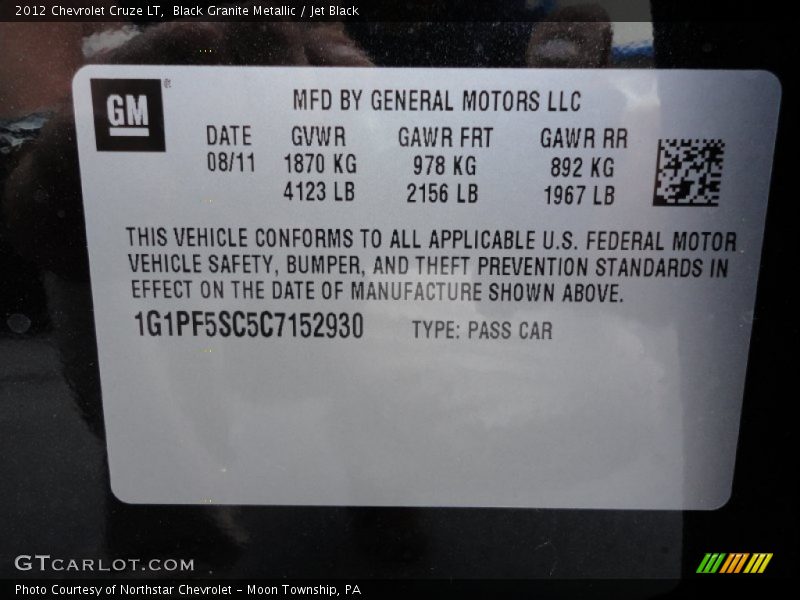 Black Granite Metallic / Jet Black 2012 Chevrolet Cruze LT