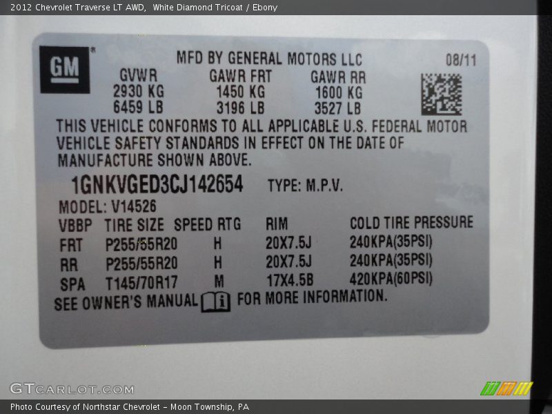 White Diamond Tricoat / Ebony 2012 Chevrolet Traverse LT AWD