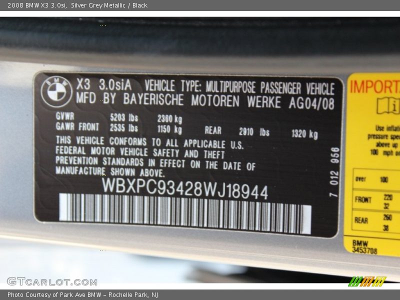 Silver Grey Metallic / Black 2008 BMW X3 3.0si