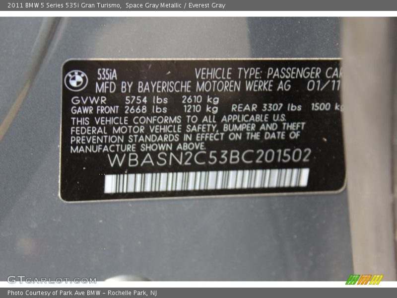 Info Tag of 2011 5 Series 535i Gran Turismo