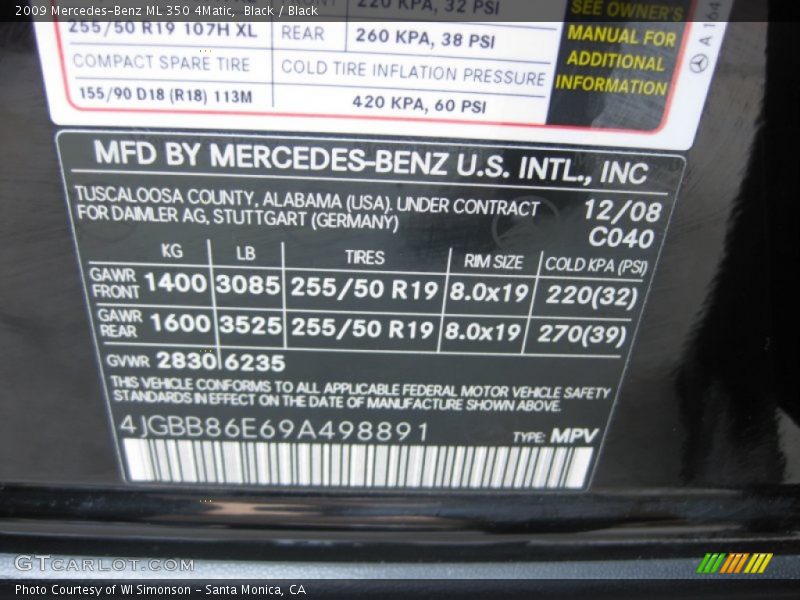 Black / Black 2009 Mercedes-Benz ML 350 4Matic