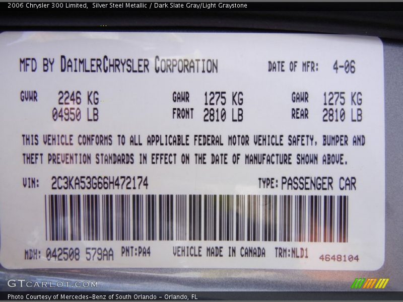 Silver Steel Metallic / Dark Slate Gray/Light Graystone 2006 Chrysler 300 Limited