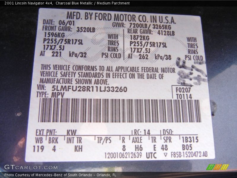 2001 Navigator 4x4 Charcoal Blue Metallic Color Code KW