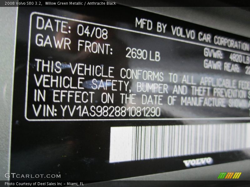 Willow Green Metallic / Anthracite Black 2008 Volvo S80 3.2