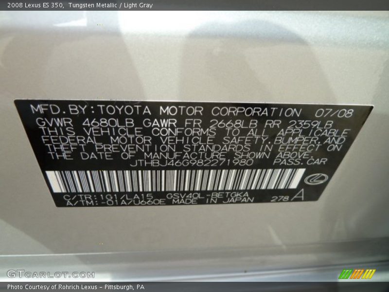 Tungsten Metallic / Light Gray 2008 Lexus ES 350