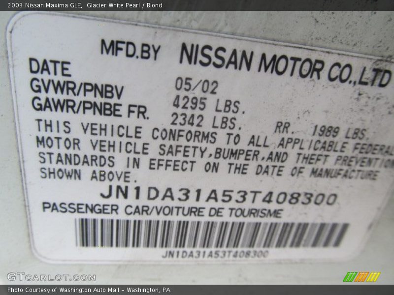Glacier White Pearl / Blond 2003 Nissan Maxima GLE