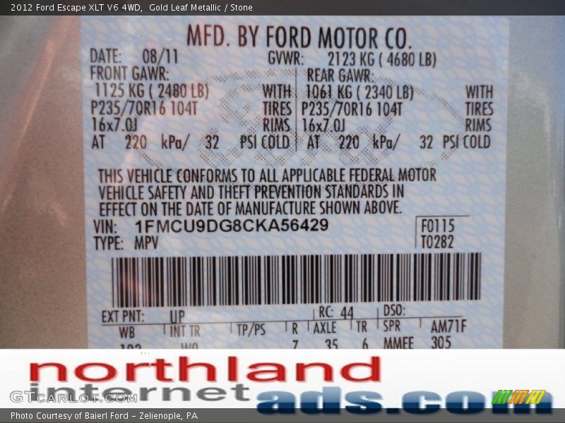 Gold Leaf Metallic / Stone 2012 Ford Escape XLT V6 4WD