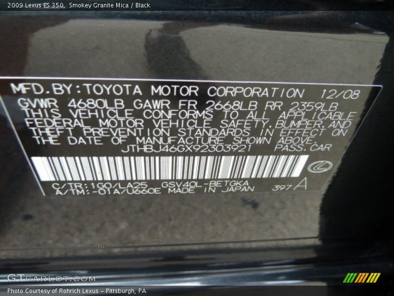 Smokey Granite Mica / Black 2009 Lexus ES 350