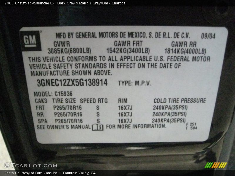 Dark Gray Metallic / Gray/Dark Charcoal 2005 Chevrolet Avalanche LS