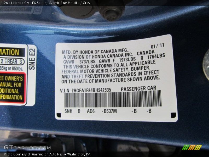 2011 Civic EX Sedan Atomic Blue Metallic Color Code B537M