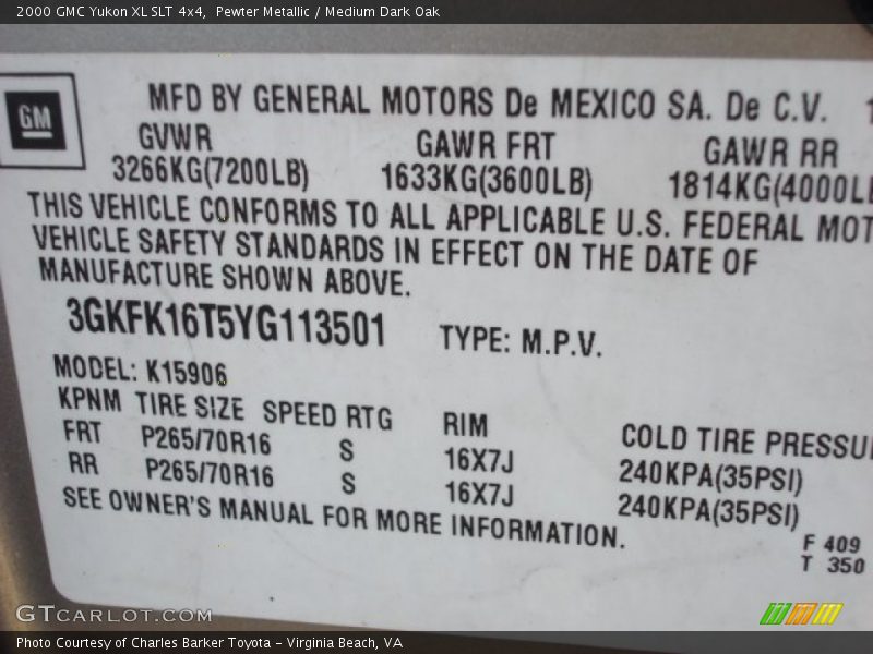 Pewter Metallic / Medium Dark Oak 2000 GMC Yukon XL SLT 4x4