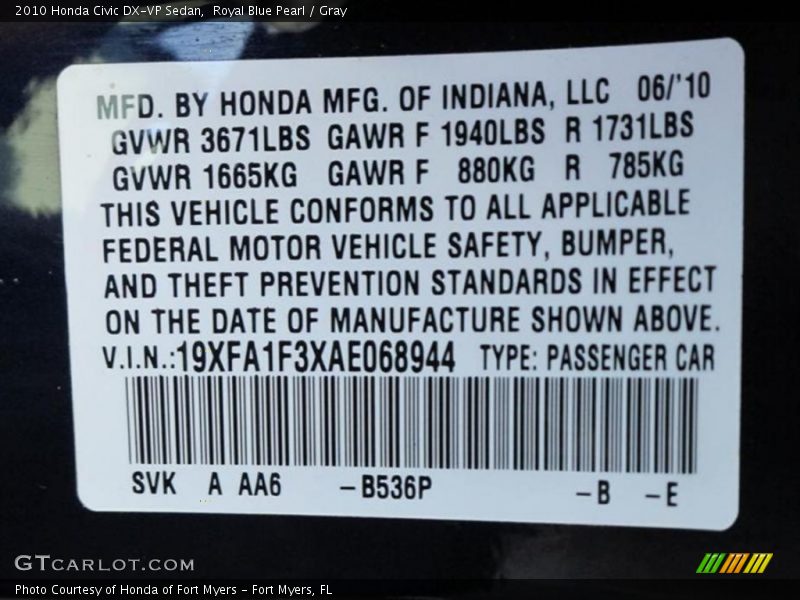 2010 Civic DX-VP Sedan Royal Blue Pearl Color Code B536P