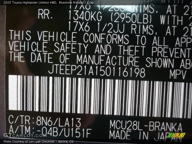 Bluestone Metallic / Gray 2005 Toyota Highlander Limited 4WD
