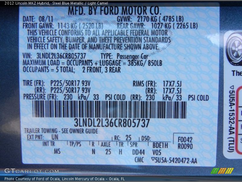 2012 MKZ Hybrid Steel Blue Metallic Color Code UN