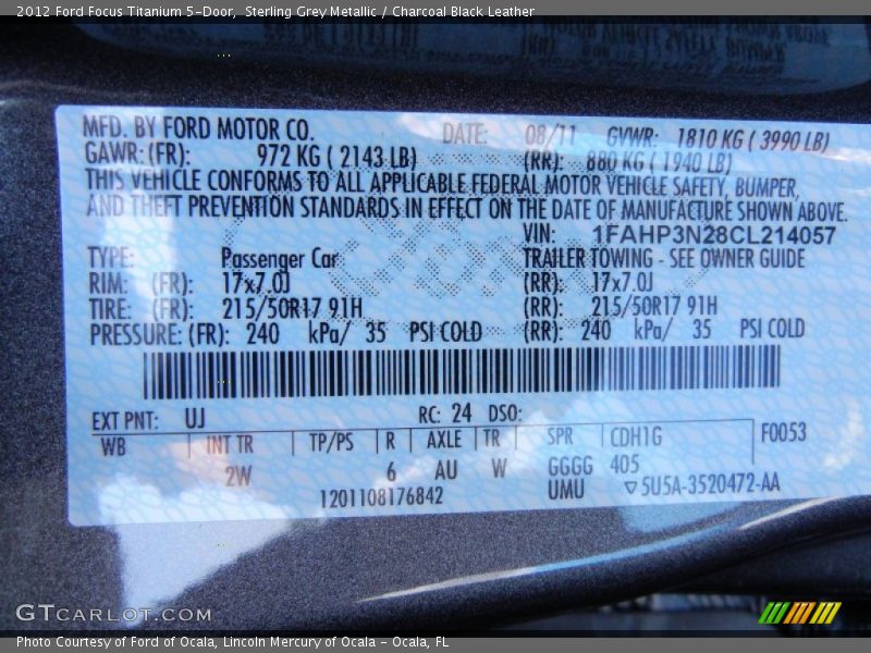 2012 Focus Titanium 5-Door Sterling Grey Metallic Color Code UJ