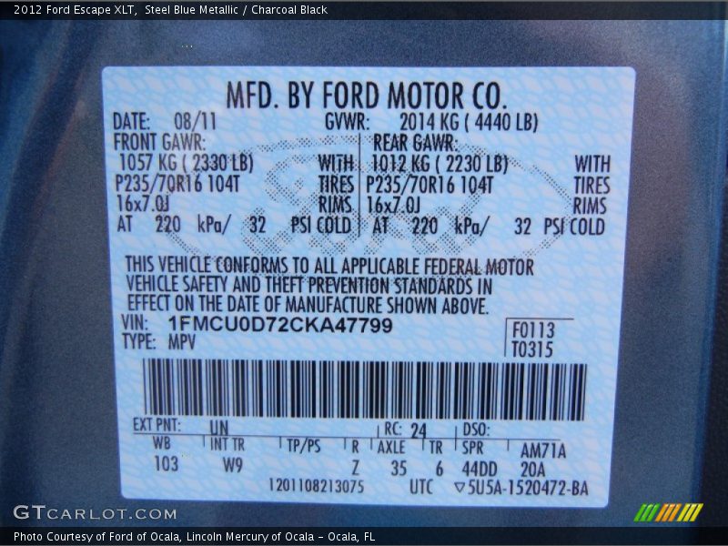 Steel Blue Metallic / Charcoal Black 2012 Ford Escape XLT