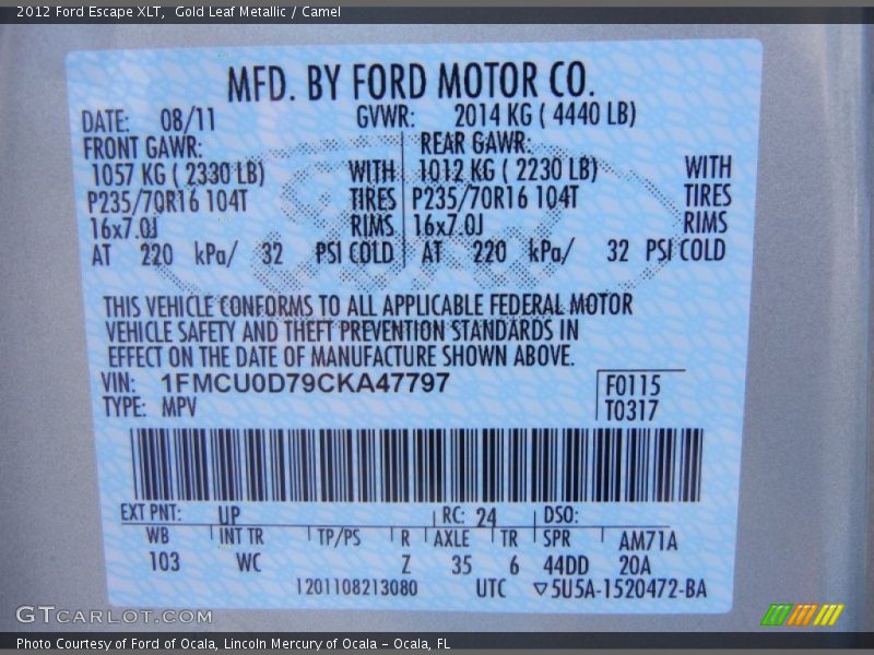 Gold Leaf Metallic / Camel 2012 Ford Escape XLT