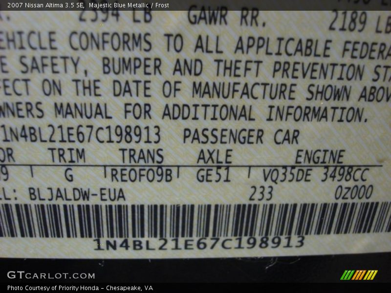 Majestic Blue Metallic / Frost 2007 Nissan Altima 3.5 SE