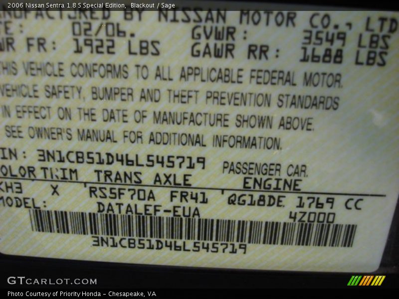 Blackout / Sage 2006 Nissan Sentra 1.8 S Special Edition