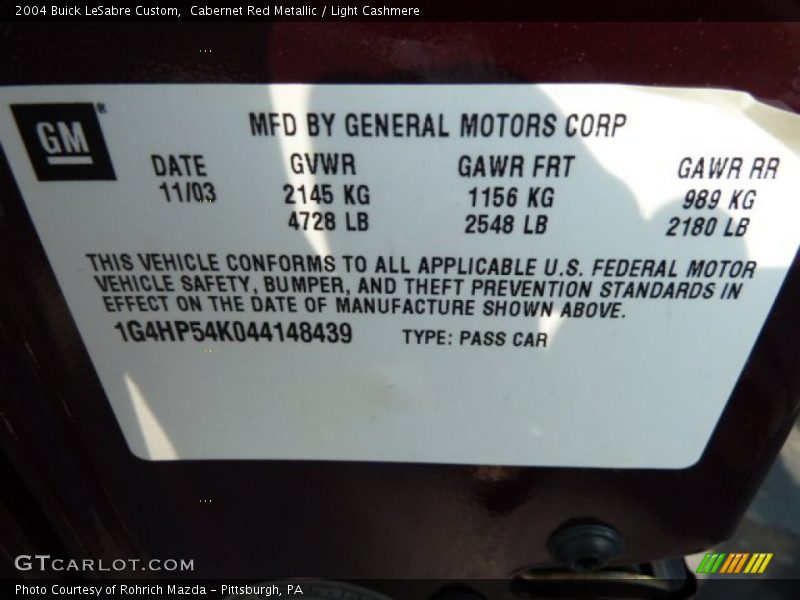 Cabernet Red Metallic / Light Cashmere 2004 Buick LeSabre Custom