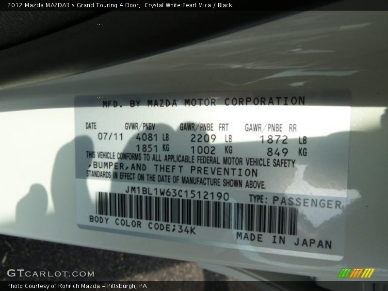 2012 MAZDA3 s Grand Touring 4 Door Crystal White Pearl Mica Color Code 34K