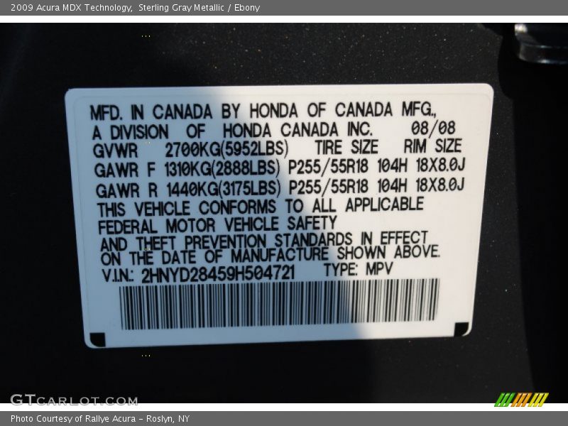 Info Tag of 2009 MDX Technology