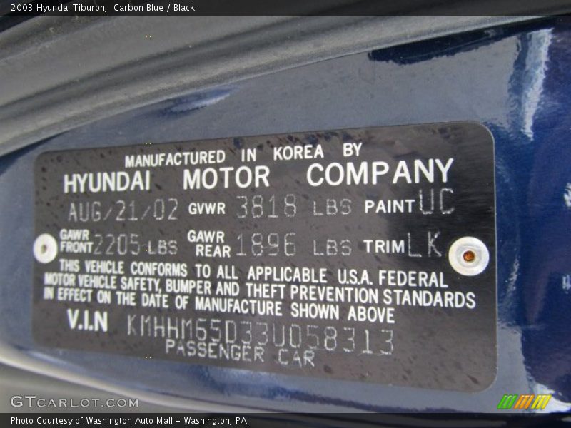 Carbon Blue / Black 2003 Hyundai Tiburon