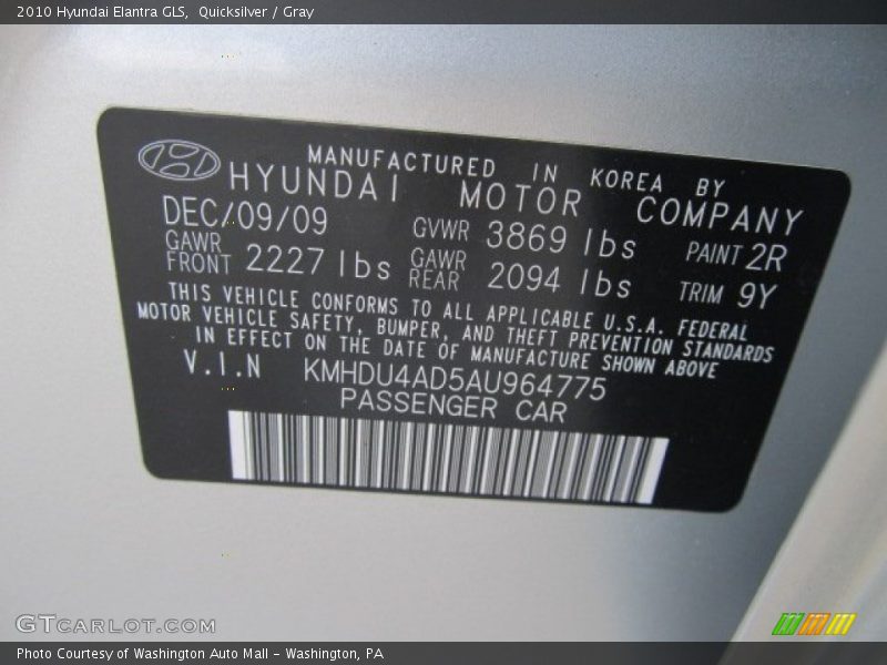 Quicksilver / Gray 2010 Hyundai Elantra GLS