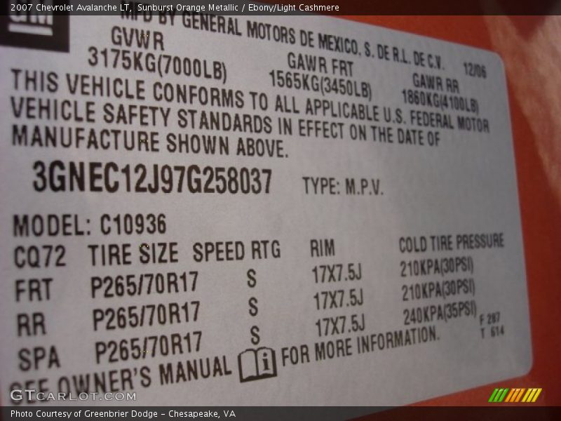 Sunburst Orange Metallic / Ebony/Light Cashmere 2007 Chevrolet Avalanche LT