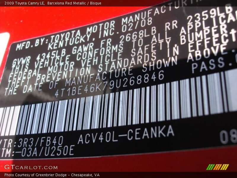 Barcelona Red Metallic / Bisque 2009 Toyota Camry LE