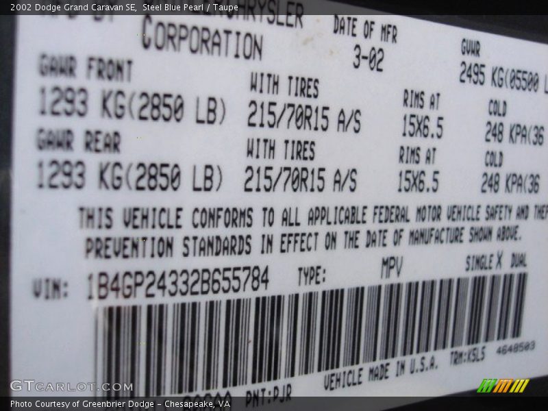 2002 Grand Caravan SE Steel Blue Pearl Color Code PJR