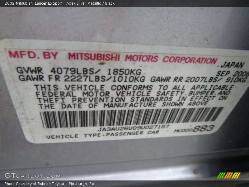 Apex Silver Metallic / Black 2009 Mitsubishi Lancer ES Sport
