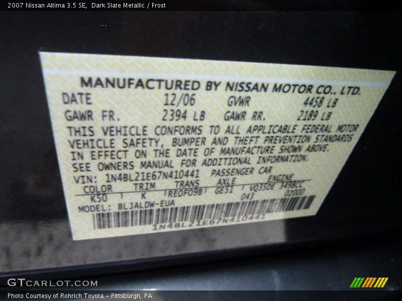 Dark Slate Metallic / Frost 2007 Nissan Altima 3.5 SE
