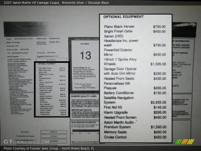  2007 V8 Vantage Coupe Window Sticker