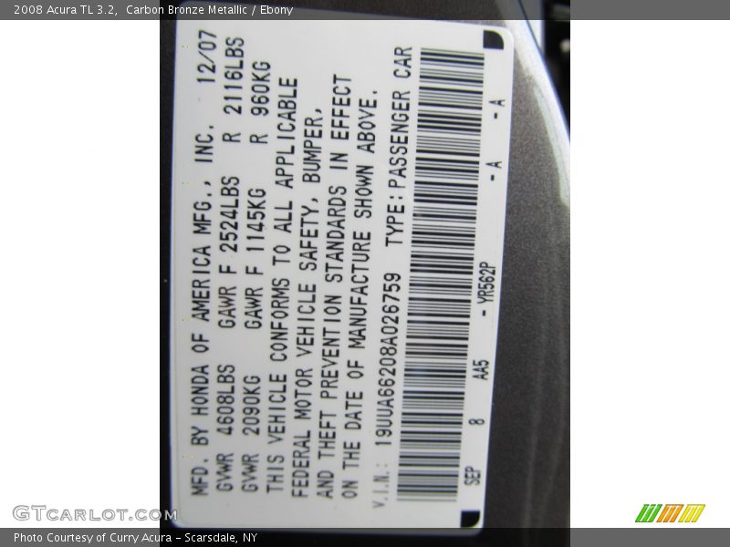 2008 TL 3.2 Carbon Bronze Metallic Color Code YR562P