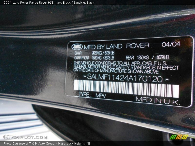 Info Tag of 2004 Range Rover HSE