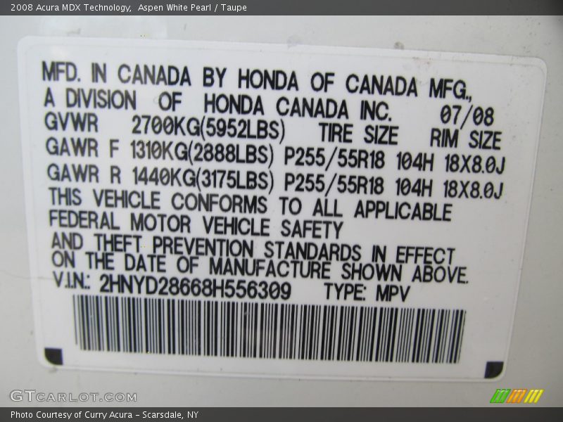 Aspen White Pearl / Taupe 2008 Acura MDX Technology