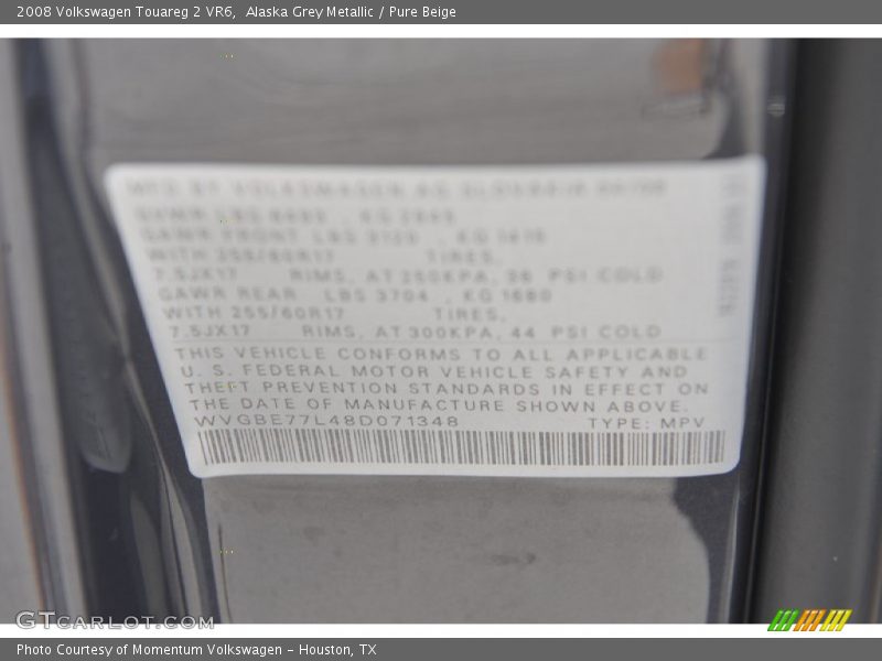 Alaska Grey Metallic / Pure Beige 2008 Volkswagen Touareg 2 VR6