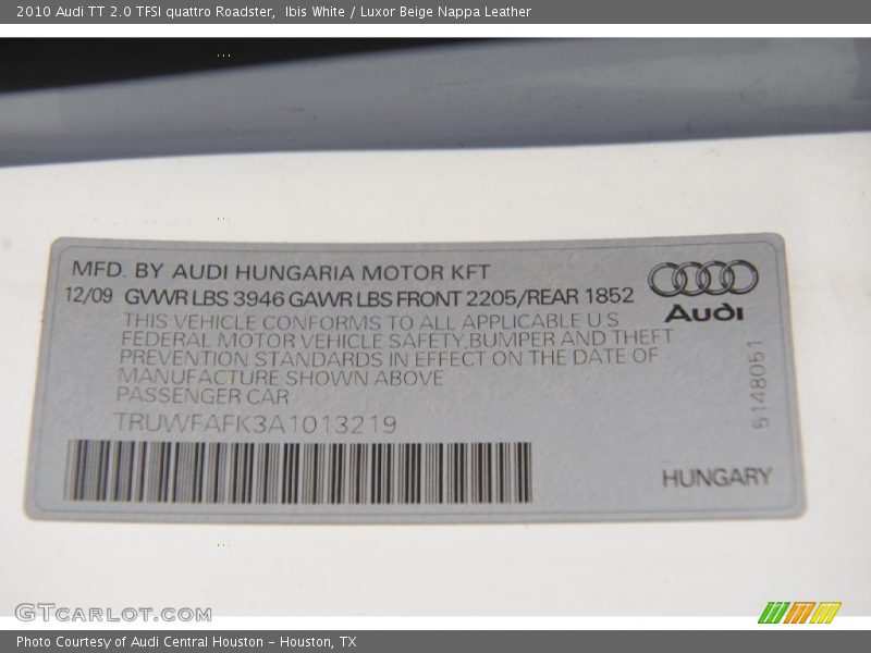 Ibis White / Luxor Beige Nappa Leather 2010 Audi TT 2.0 TFSI quattro Roadster