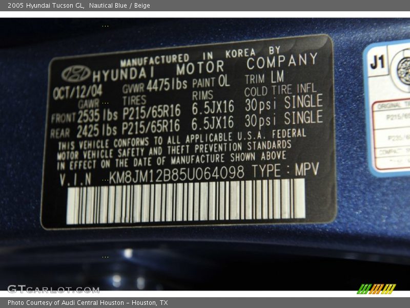 Nautical Blue / Beige 2005 Hyundai Tucson GL