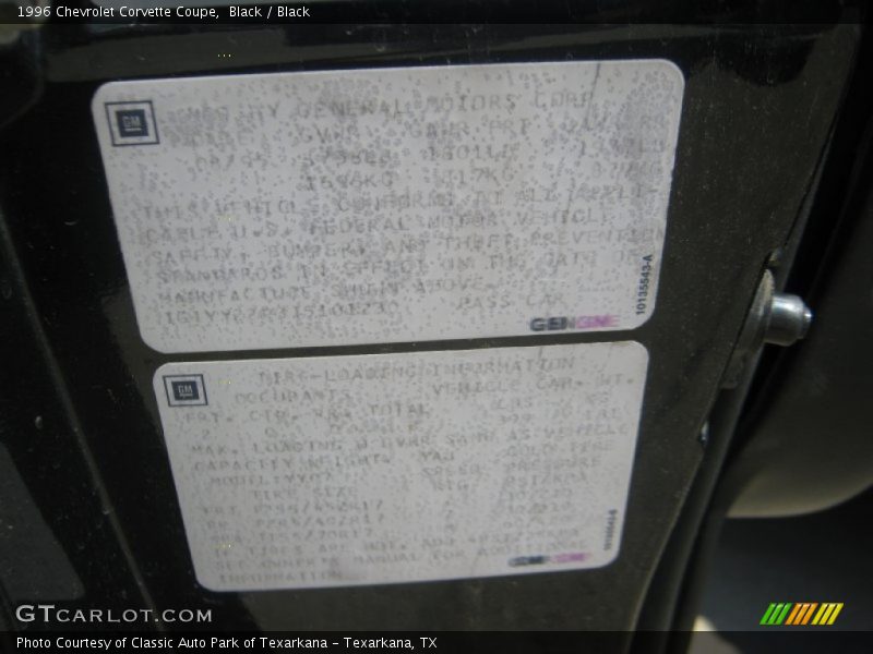 Info Tag of 1996 Corvette Coupe