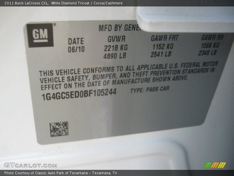 White Diamond Tricoat / Cocoa/Cashmere 2011 Buick LaCrosse CXL