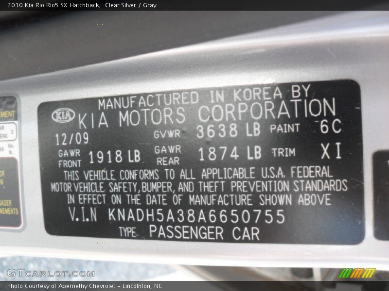 2010 Rio Rio5 SX Hatchback Clear Silver Color Code 6C