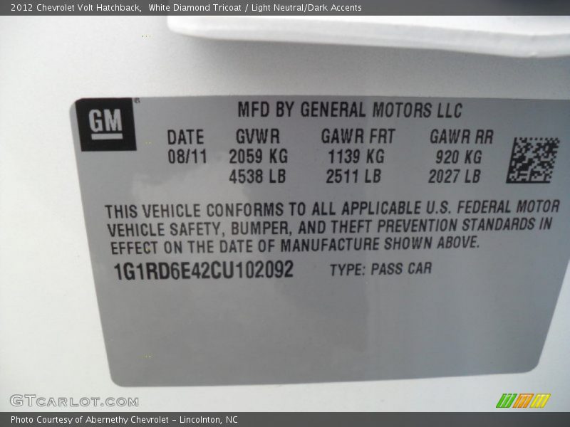 Info Tag of 2012 Volt Hatchback